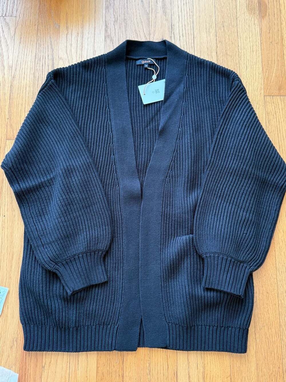 Quince Womens M Black Chunky Rib Knit Open Front Cardigan Sweater NWT